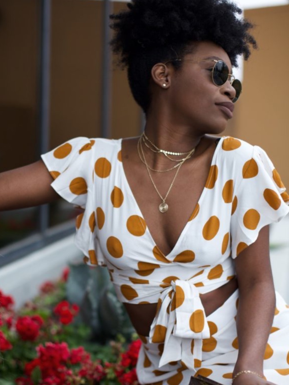 Forever 21 Ruffle White Crop Tie Top with Mustard Polka Dots - M